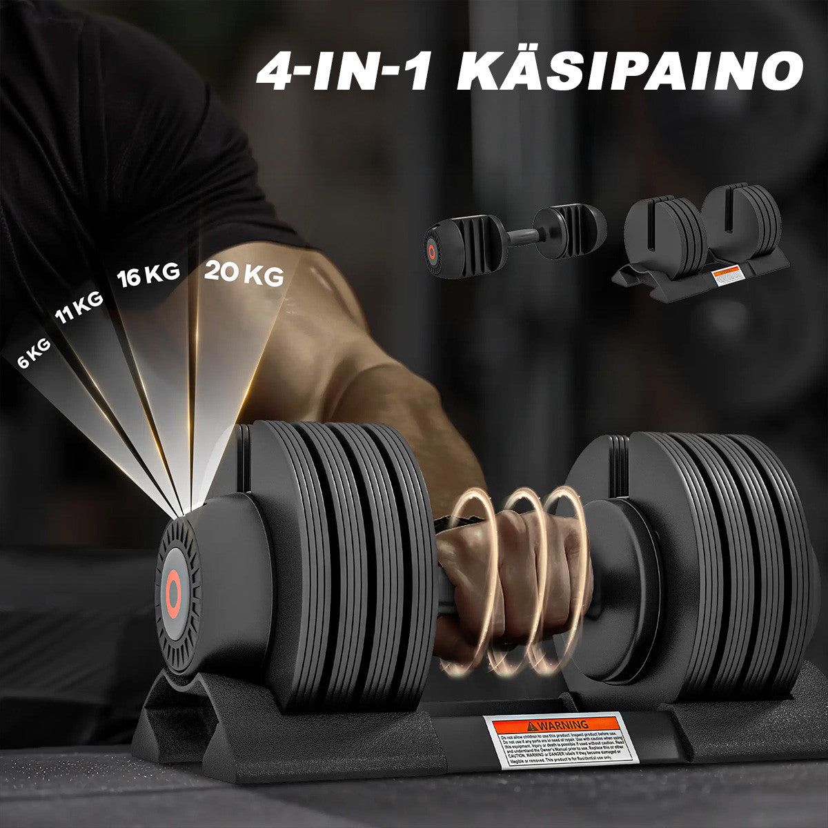 Säädettävä käsipaino, 6/11/16/20 kg, liukumattomilla kahvoilla, musta
