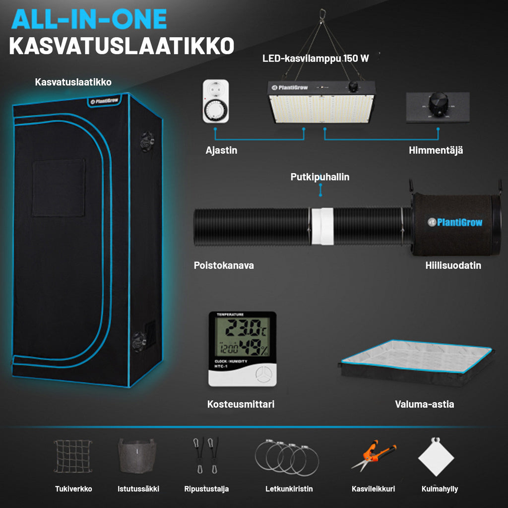 PlantiGrow Kasvatuslaatikko Kasveille LED-valoilla & ilmanvaihdolla, 4 eri kokoa