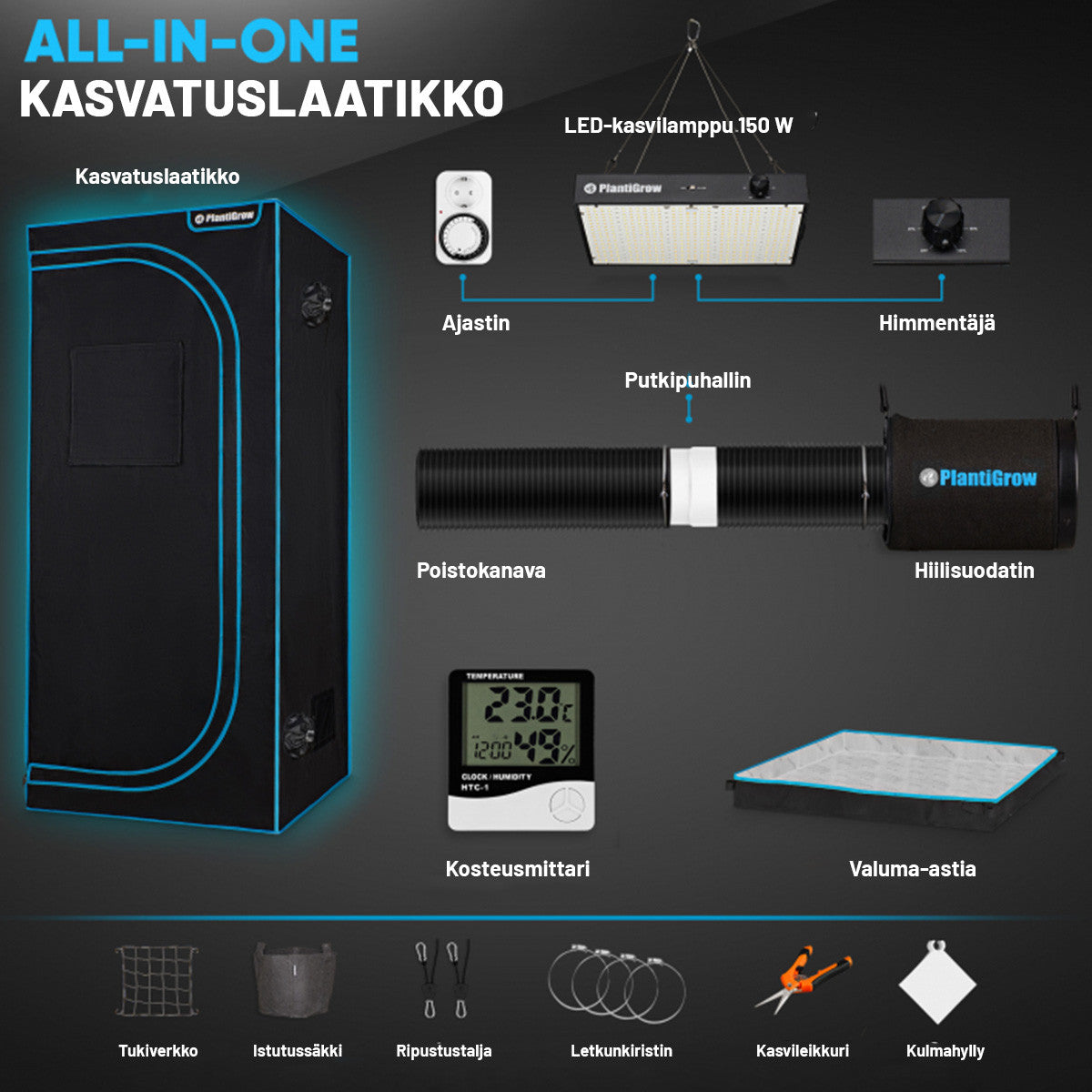 PlantiGrow Kasvatuslaatikko Kasveille LED-valoilla & ilmanvaihdolla, 4 eri kokoa
