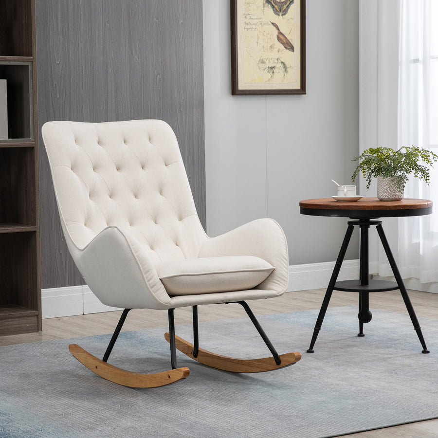 Gungstol Scandinavian Design – Vadderad Relax-fåtölj, tygklädsel, krämvit/naturligt trä/svart