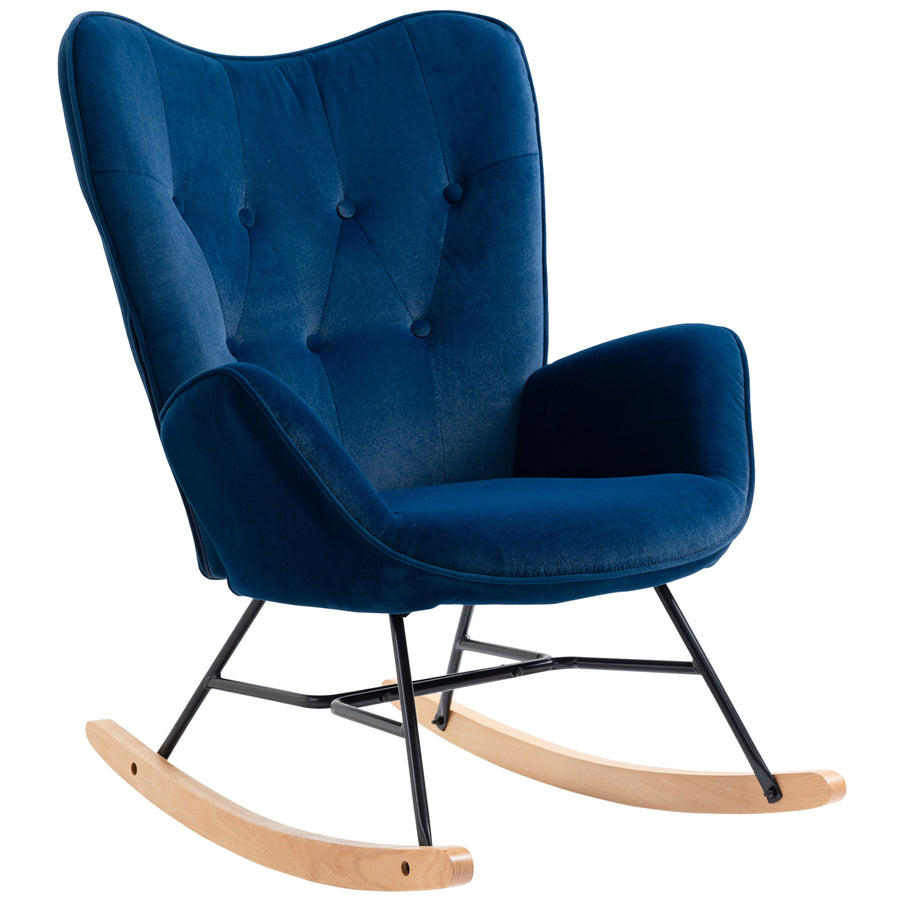Blå gungstol i skandinavisk design – mjuk sammetsklädsel och robust ram, 65x70x96 cm