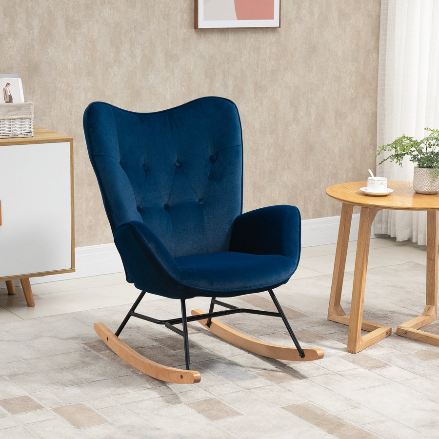 Blå gungstol i skandinavisk design – mjuk sammetsklädsel och robust ram, 65x70x96 cm