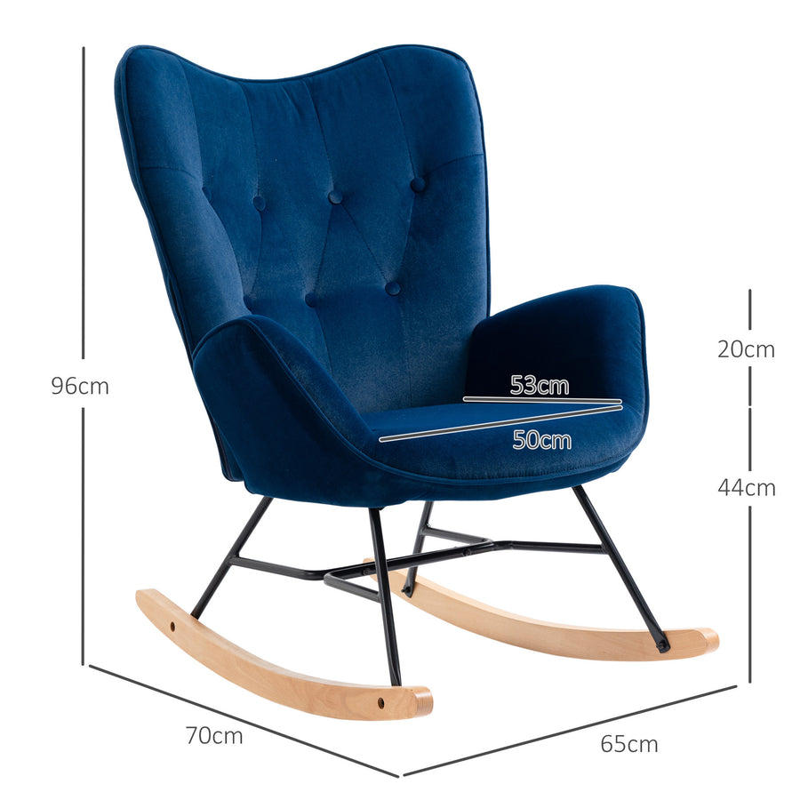 Blå gungstol i skandinavisk design – mjuk sammetsklädsel och robust ram, 65x70x96 cm