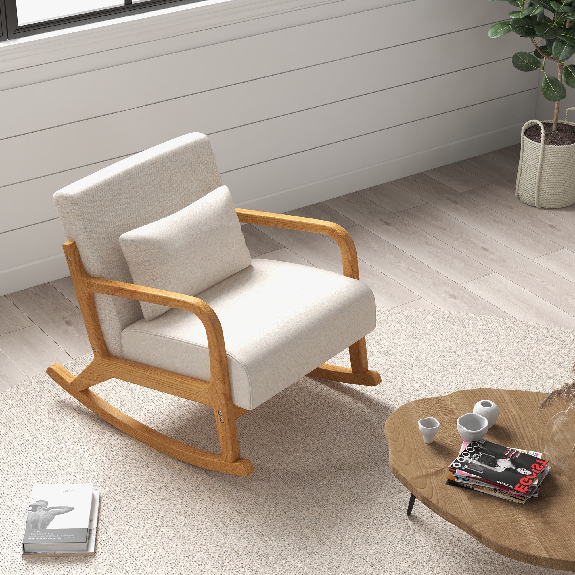 Keinutuoli retrodesignilla, kumipuuta, 64,5 x 92 x 81,5 cm, beige + ruskea