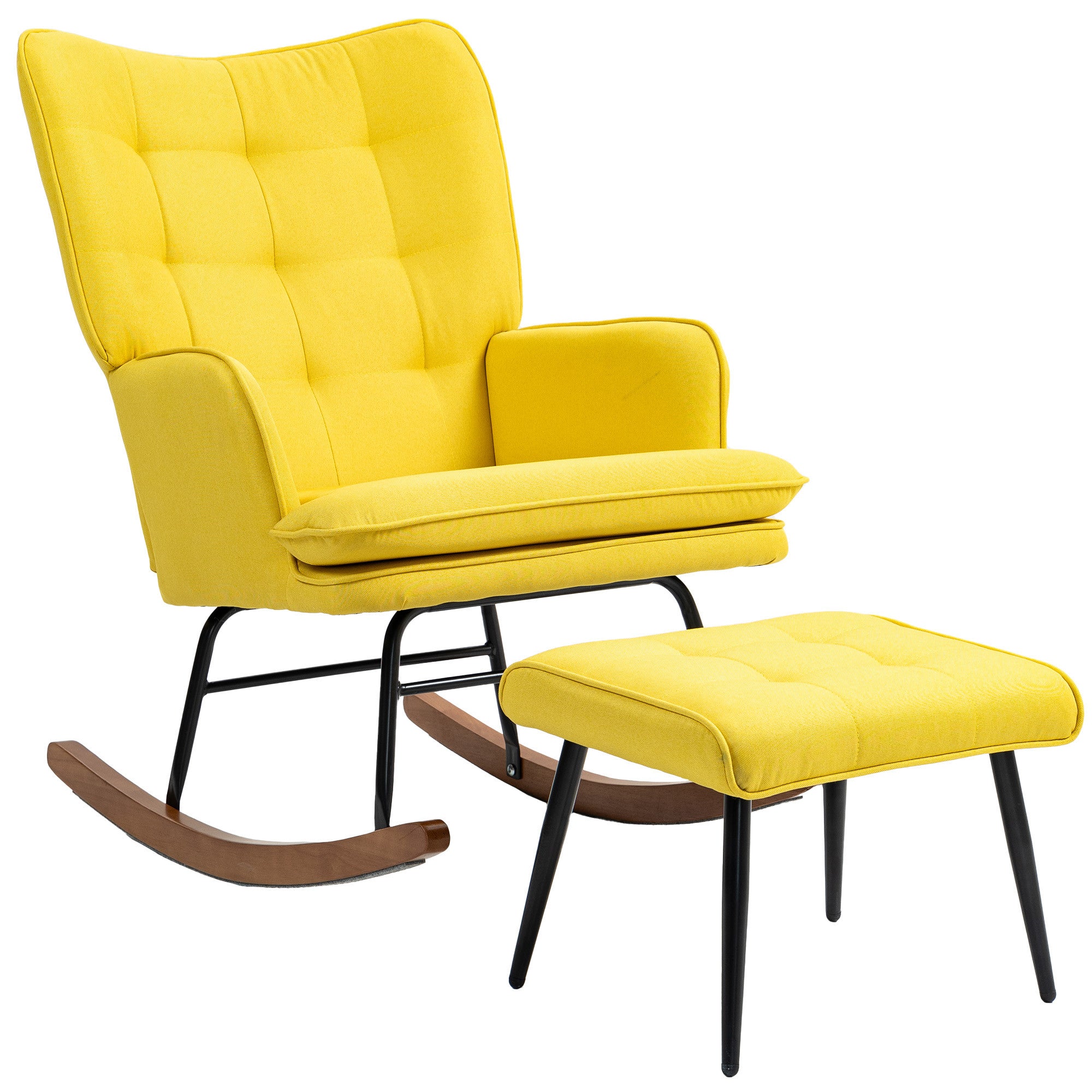 Keinutuoli rahilla, skandinaavinen design, pyökkipuuta, tikkauksella, 64 x 89 x 90 cm, keltainen