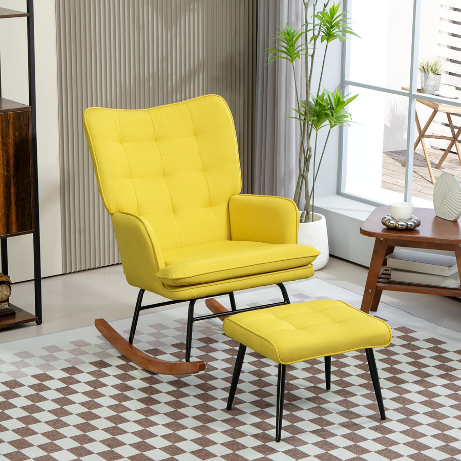 Gungstol med pengar, skandinavisk design, bokträ, quiltad, 64 x 89 x 90 cm, gul