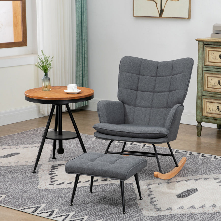 Gungstol med pengar, skandinavisk design, bokträ, quiltad, 64 x 89 x 90 cm, grå