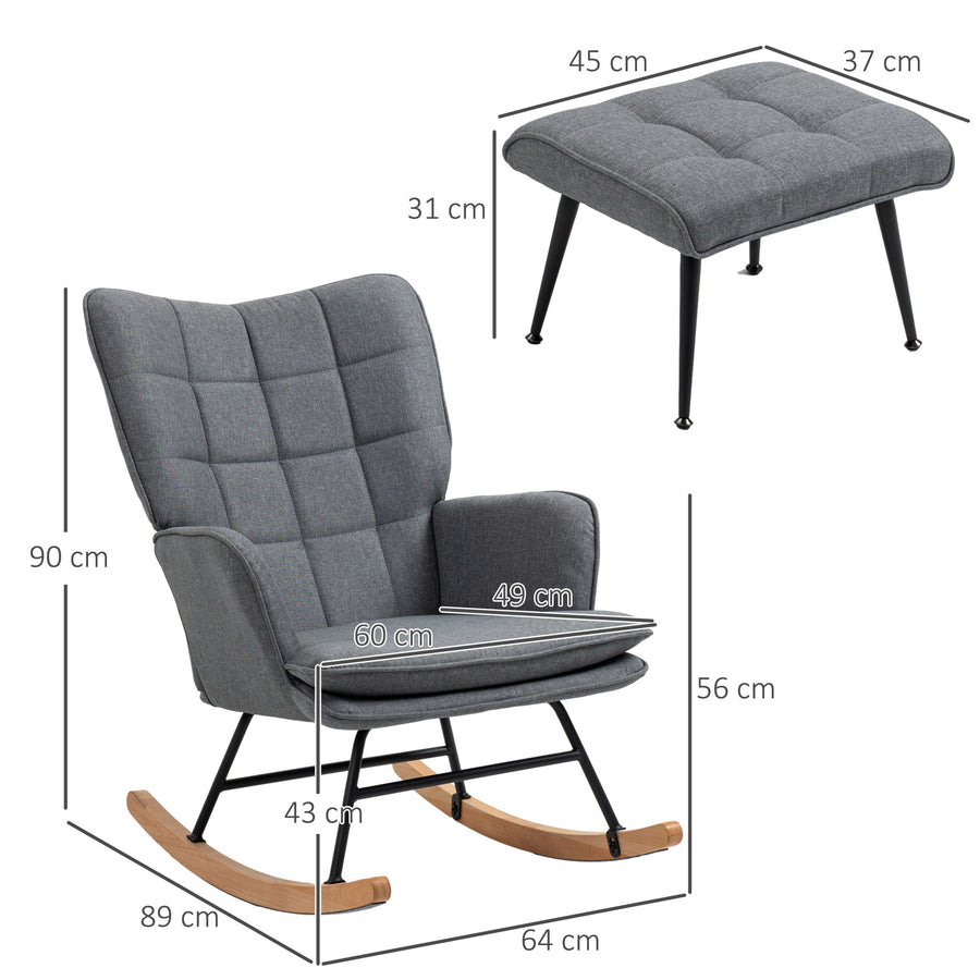 Gungstol med pengar, skandinavisk design, bokträ, quiltad, 64 x 89 x 90 cm, grå