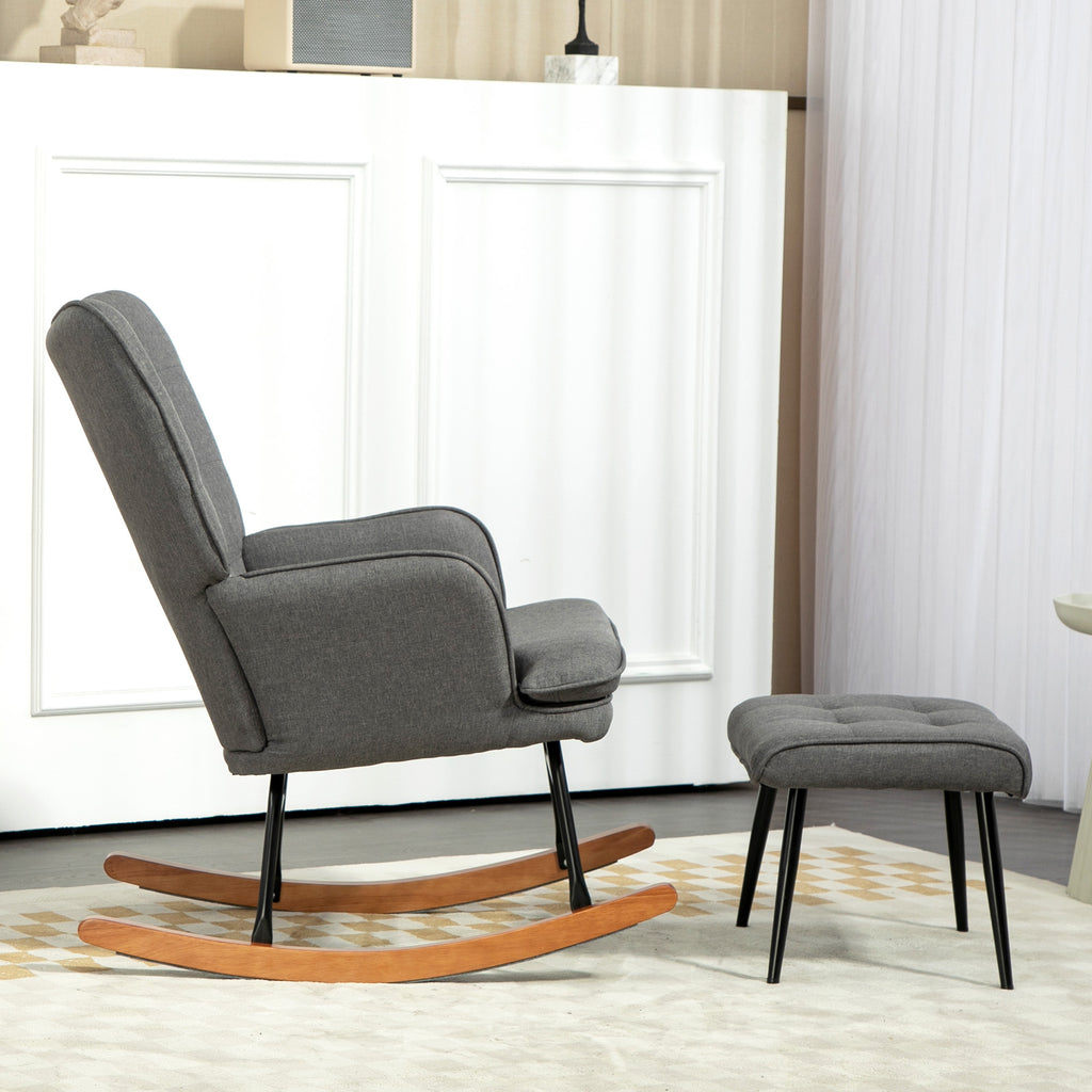 Keinutuoli ja rahi – tummanharmaa verhoiltu pyökkijalkainen nojatuoli rentoutumiseen