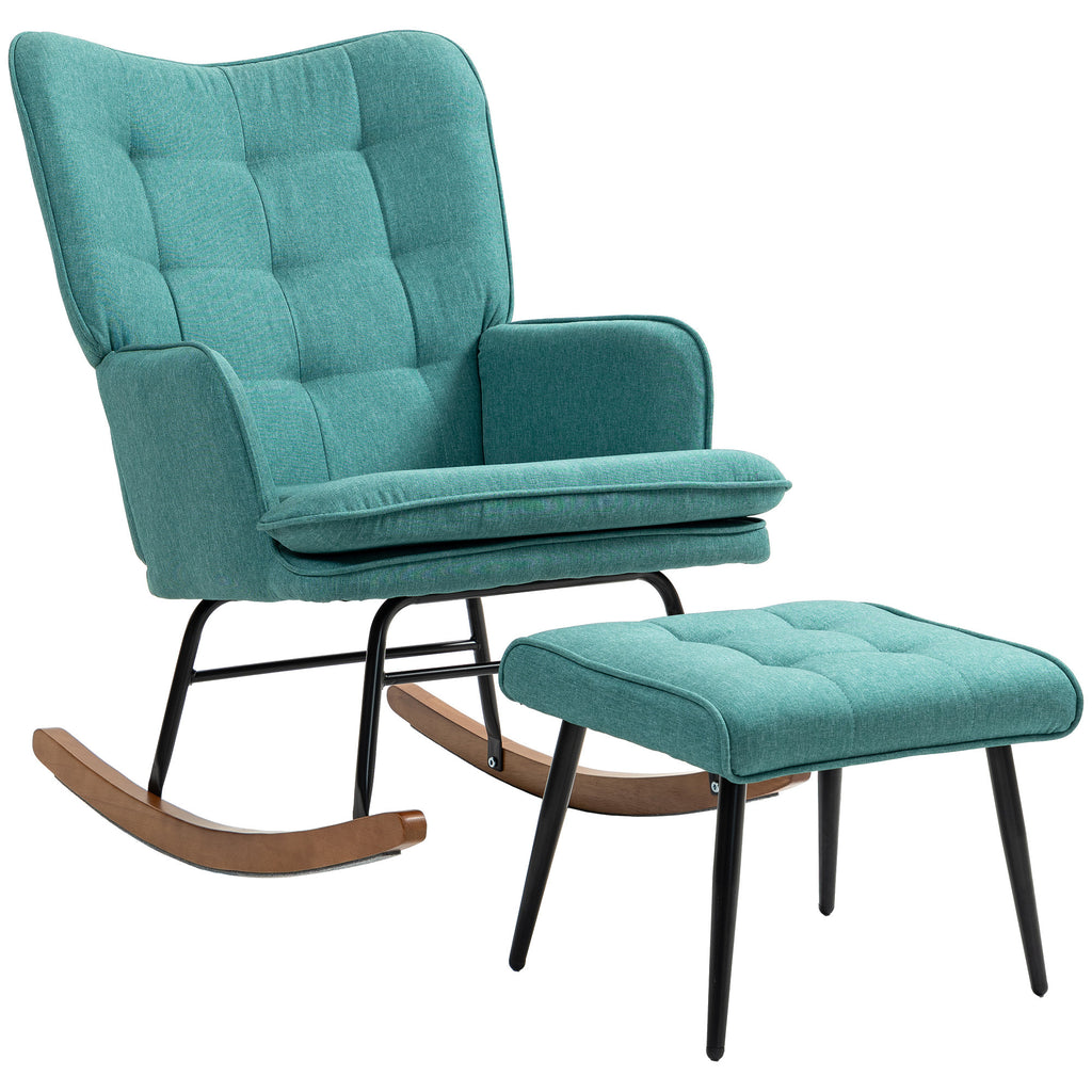 Keinutuoli ja rahi – vihreä verhoiltu pyökkijalkainen nojatuoli rentoutumiseen