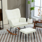 Keinutuoli ja rahi – valkoinen verhoiltu pyökkijalkainen nojatuoli rentoutumiseen