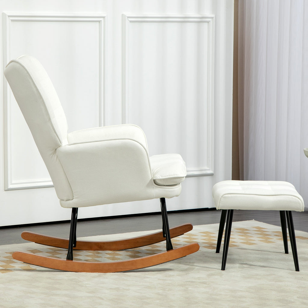 Keinutuoli ja rahi – valkoinen verhoiltu pyökkijalkainen nojatuoli rentoutumiseen