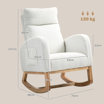 Gungstol med teddytyg – Pehmustettu Schaukelsessel med sidfickor, 21 cm sits och 20 cm ryggstöd, krämvit