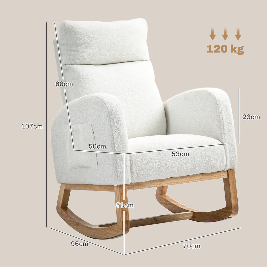 Gungstol med teddytyg – Pehmustettu Schaukelsessel med sidfickor, 21 cm sits och 20 cm ryggstöd, krämvit