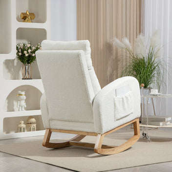 Gungstol med teddytyg – Pehmustettu Schaukelsessel med sidfickor, 21 cm sits och 20 cm ryggstöd, krämvit