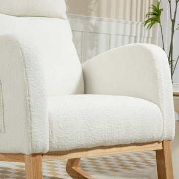 Gungstol med teddytyg – Pehmustettu Schaukelsessel med sidfickor, 21 cm sits och 20 cm ryggstöd, krämvit