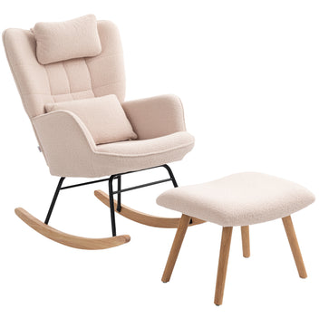 Gungstol med fotstöd – ergonomisk beige gungstol med mjuk fleecetyg, ben i bok och stålram, belastningskapacitet 120 kg