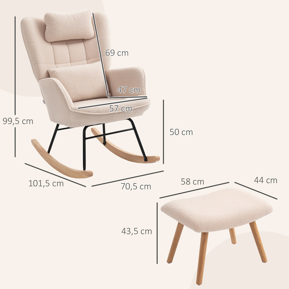 Gungstol med fotstöd – ergonomisk beige gungstol med mjuk fleecetyg, ben i bok och stålram, belastningskapacitet 120 kg