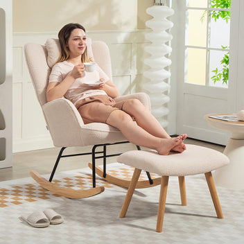Gungstol med fotstöd – ergonomisk beige gungstol med mjuk fleecetyg, ben i bok och stålram, belastningskapacitet 120 kg
