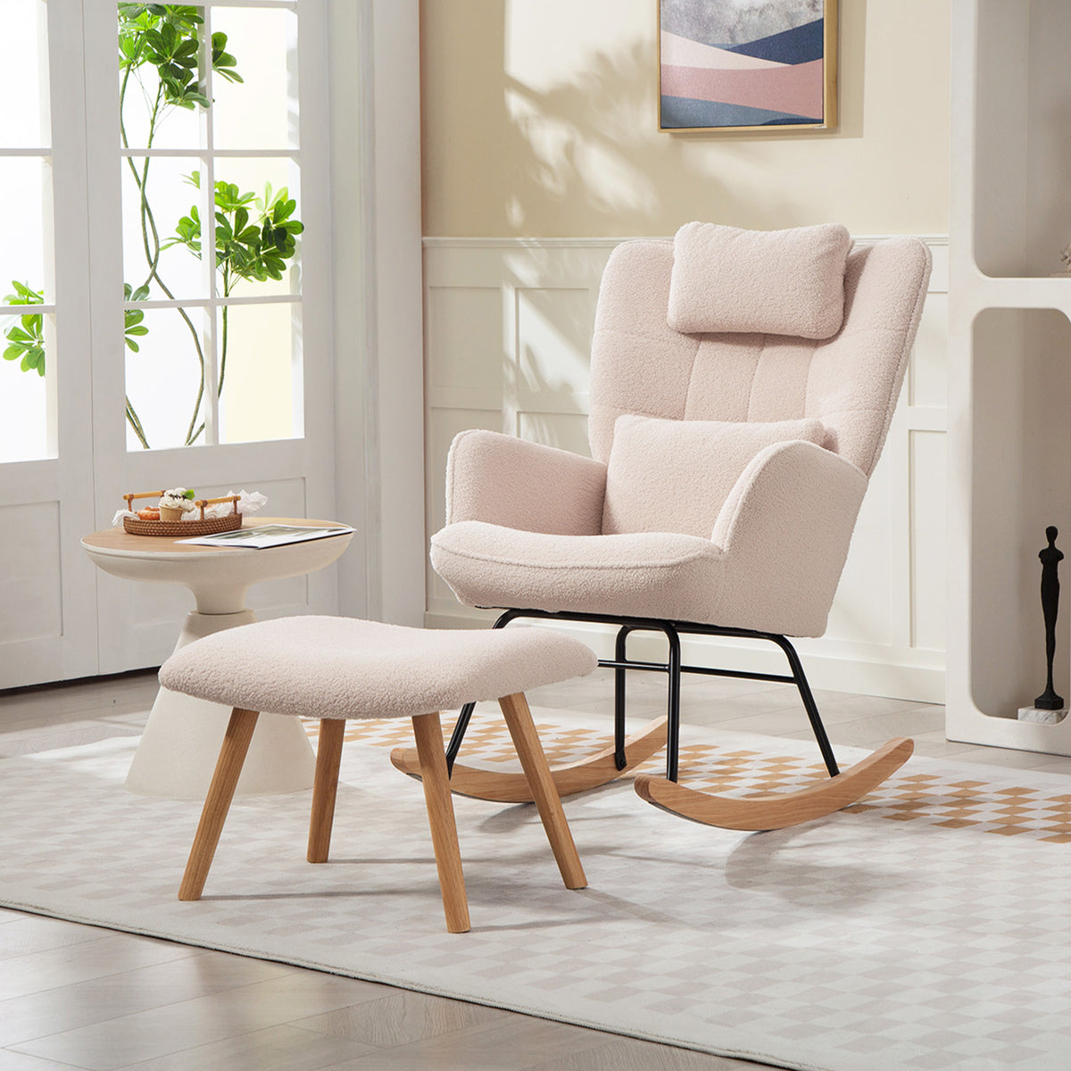 Gungstol med fotstöd – ergonomisk beige gungstol med mjuk fleecetyg, ben i bok och stålram, belastningskapacitet 120 kg