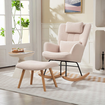 Gungstol med fotstöd – ergonomisk beige gungstol med mjuk fleecetyg, ben i bok och stålram, belastningskapacitet 120 kg