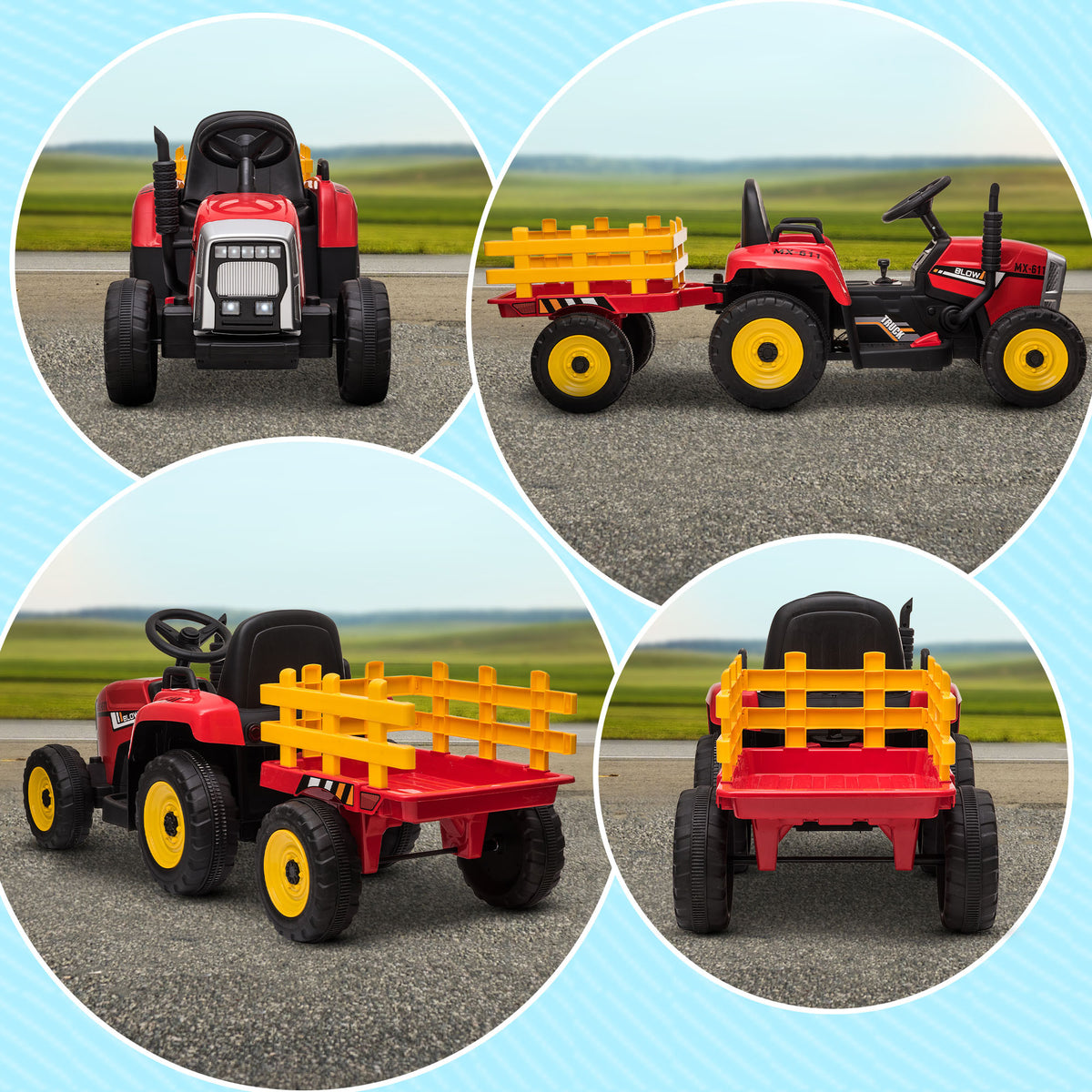 Lasten sähkötraktori peräkärryllä ja kaukosäätimellä – 12V sähköinen polkutraktori 3–6-vuotiaille