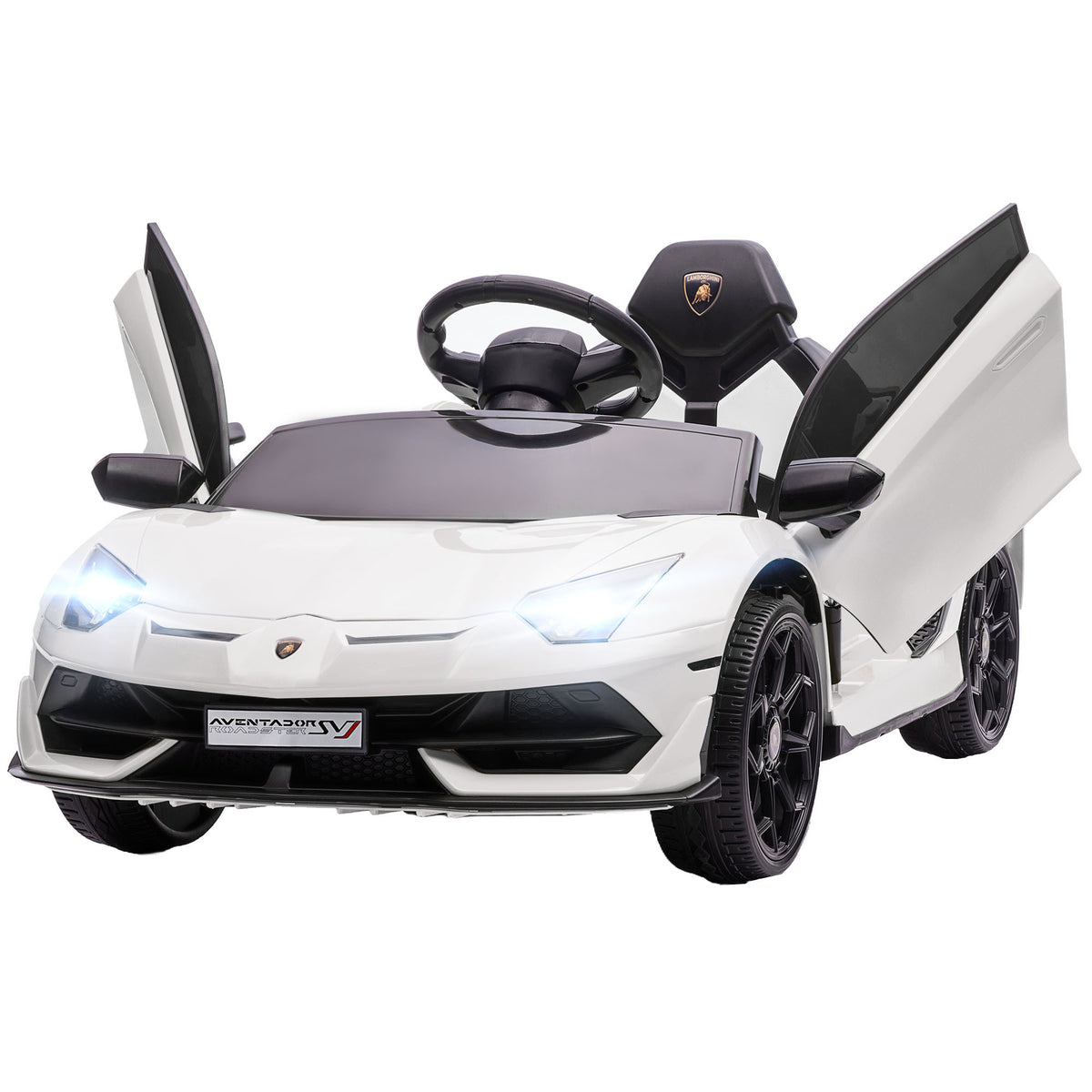 Elbil för barn – Lamborghini Aventador SVJ Roadster, vit, 12 V batteri, fjärrkontroll och musikspelare
