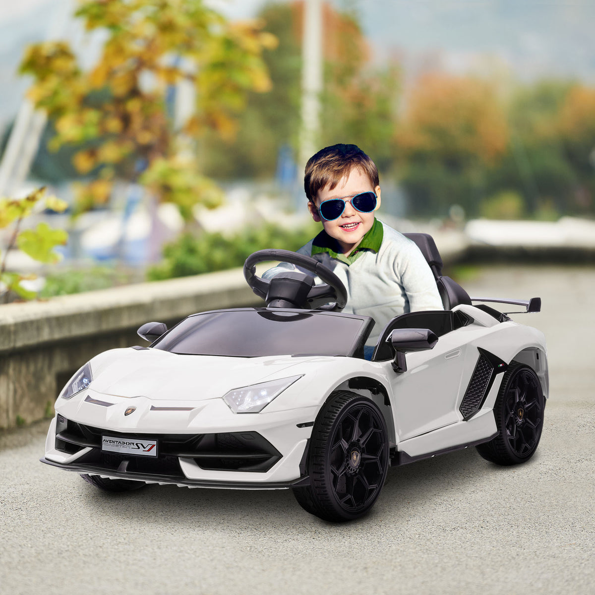 Elbil för barn – Lamborghini Aventador SVJ Roadster, vit, 12 V batteri, fjärrkontroll och musikspelare
