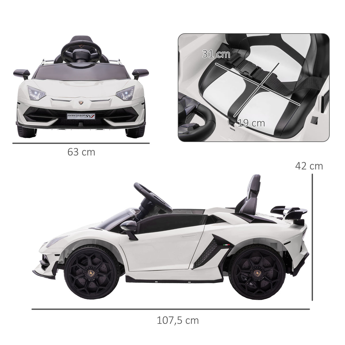 Lasten sähköauto – Lamborghini Aventador SVJ Roadster, valkoinen, 12V akku, kaukosäädin ja musiikkisoitin