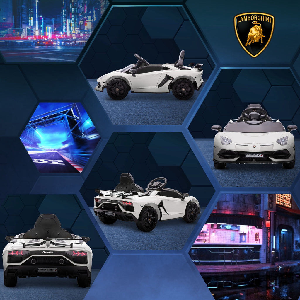 Lasten sähköauto – Lamborghini Aventador SVJ Roadster, valkoinen, 12V akku, kaukosäädin ja musiikkisoitin