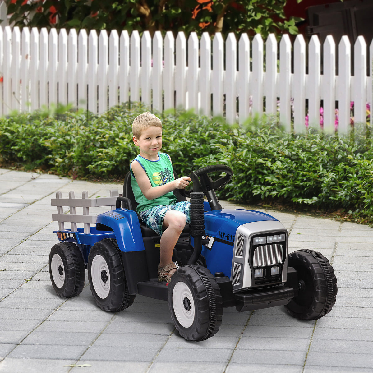 Elektrisk traktor för barn, blå – batteridriven elektrisk traktor med släp, belysning och fjärrkontroll (3–6 år)