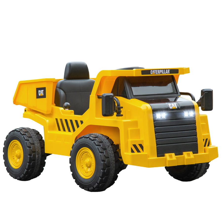 Caterpillar lasten sähkökuorma-auto istuttava – 12V moottori, kippilava, valot ja äänet (3–6 v)