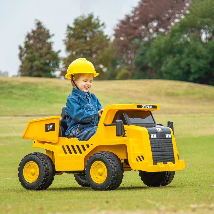Caterpillar lasten sähkökuorma-auto istuttava – 12V moottori, kippilava, valot ja äänet (3–6 v)