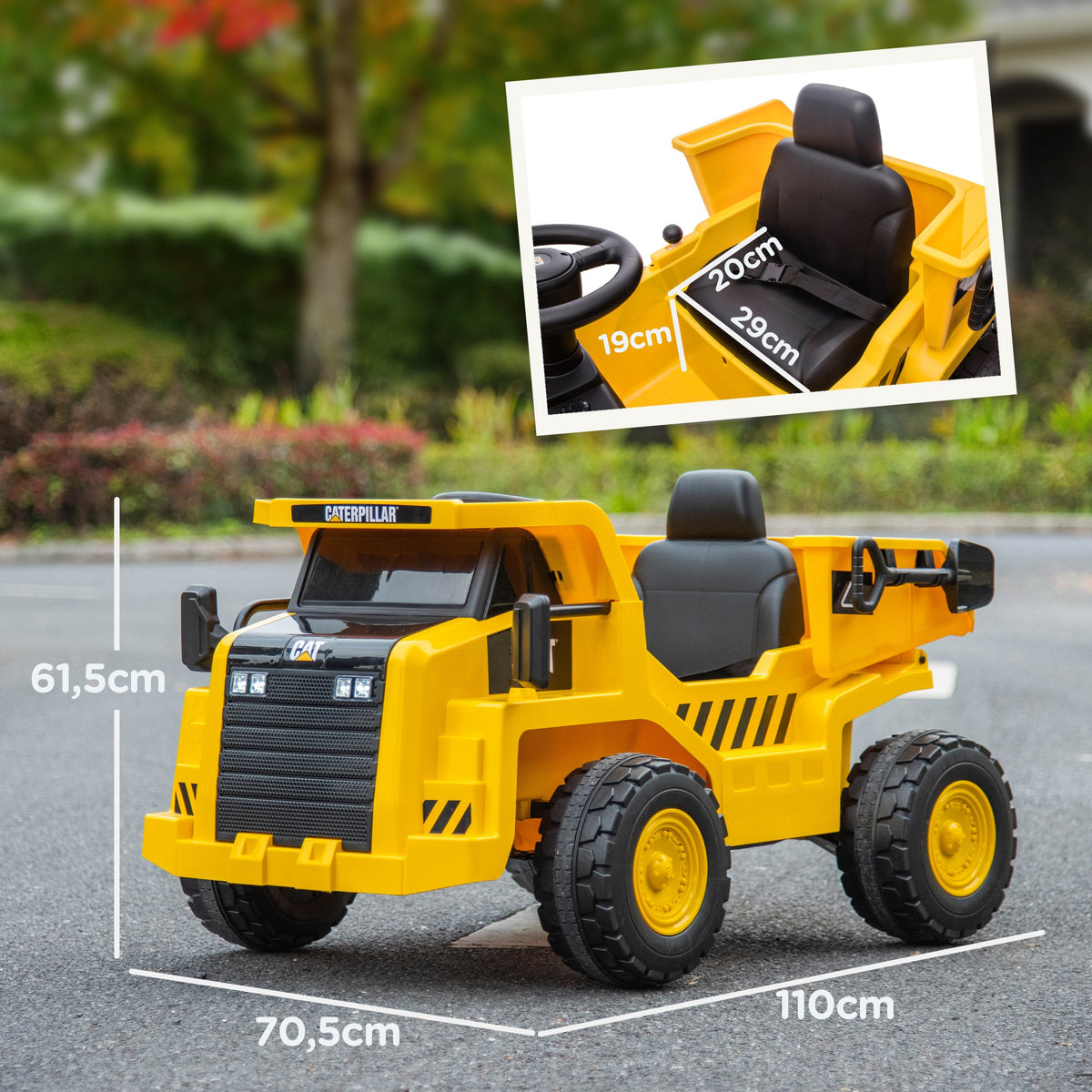 Caterpillar lasten sähkökuorma-auto istuttava – 12V moottori, kippilava, valot ja äänet (3–6 v)