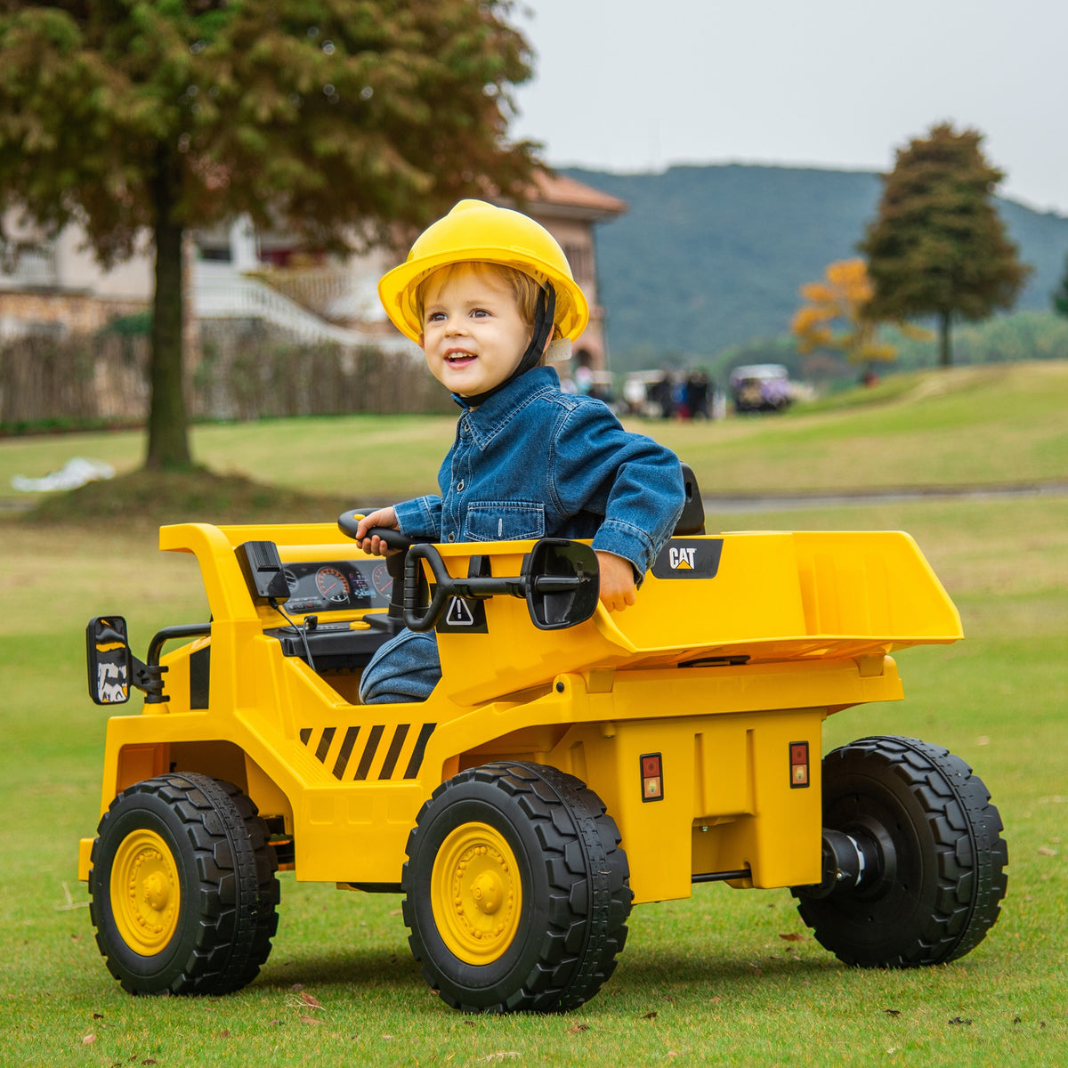 Caterpillar lasten sähkökuorma-auto istuttava – 12V moottori, kippilava, valot ja äänet (3–6 v)