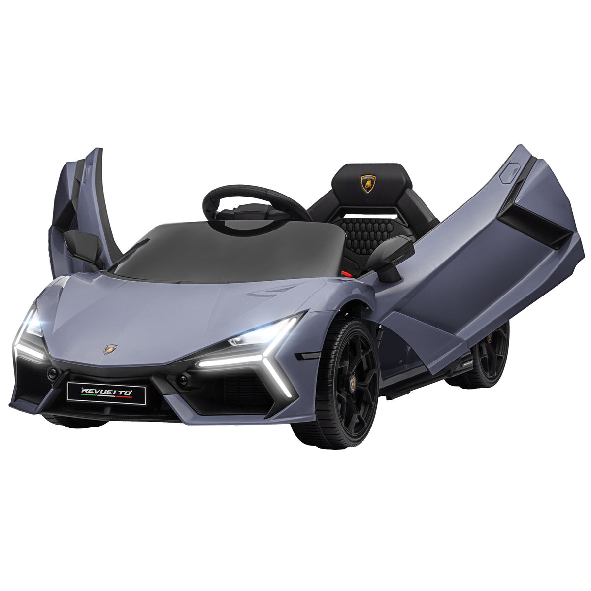 Elbil för barn Lamborghini Revuelto 12V – grå, LED-lampor, fjärrkontroll, säkerhetsbälte, 3–5 km/h