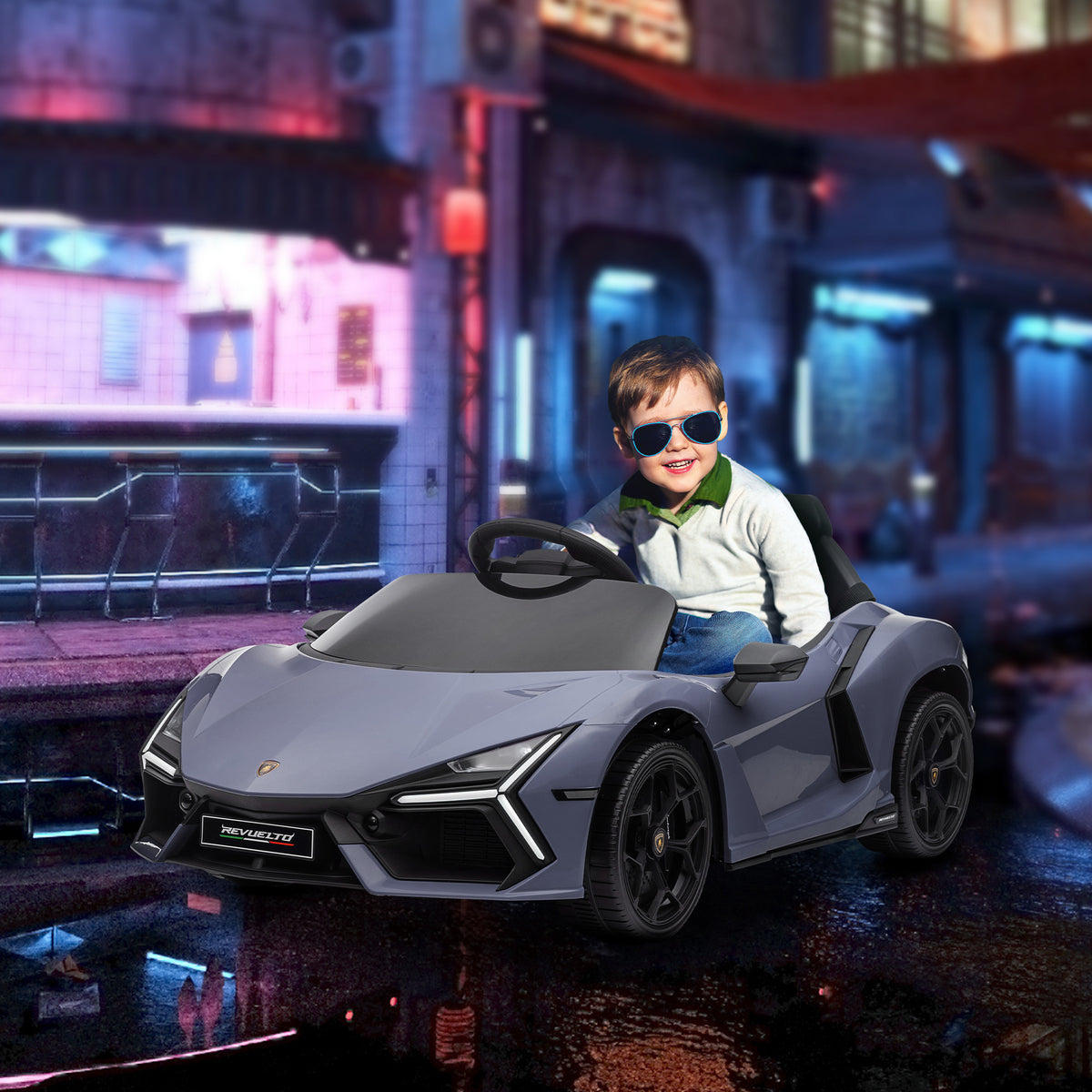 Elbil för barn Lamborghini Revuelto 12V – grå, LED-lampor, fjärrkontroll, säkerhetsbälte, 3–5 km/h