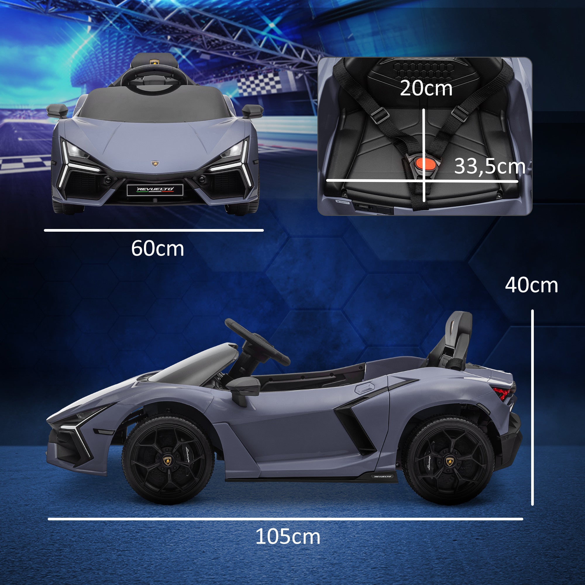 Lasten sähköauto Lamborghini Revuelto 12V – harmaa, LED-valot, kaukosäädin, turvavyö, 3–5 km/h