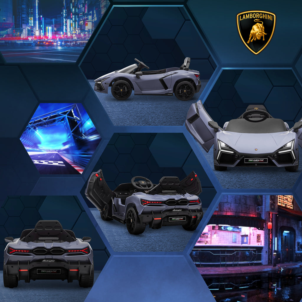 Lasten sähköauto Lamborghini Revuelto 12V – harmaa, LED-valot, kaukosäädin, turvavyö, 3–5 km/h