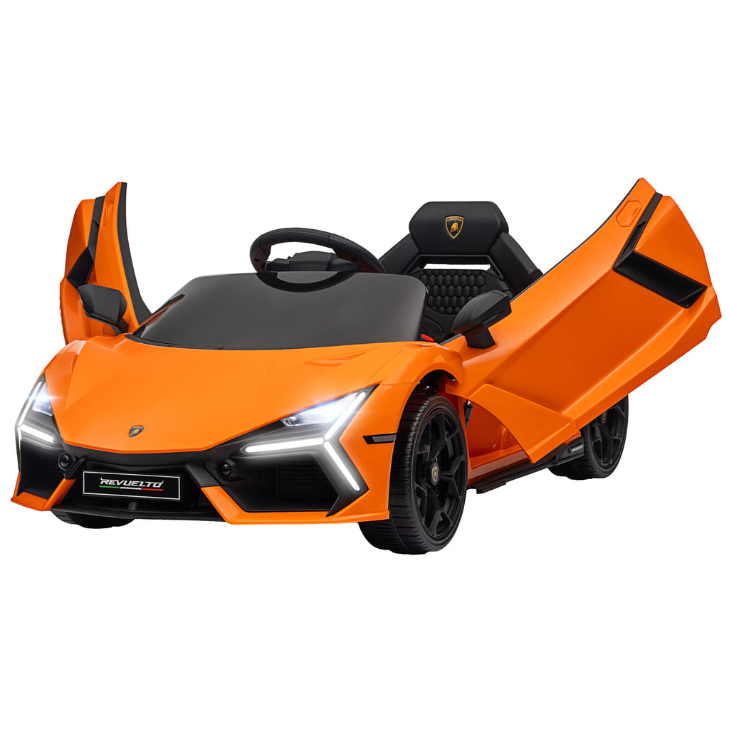 Lasten sähköauto Lamborghini Revuelto 12V – oranssi, LED-valot, kaukosäädin, turvavyö, 3–5 km/h