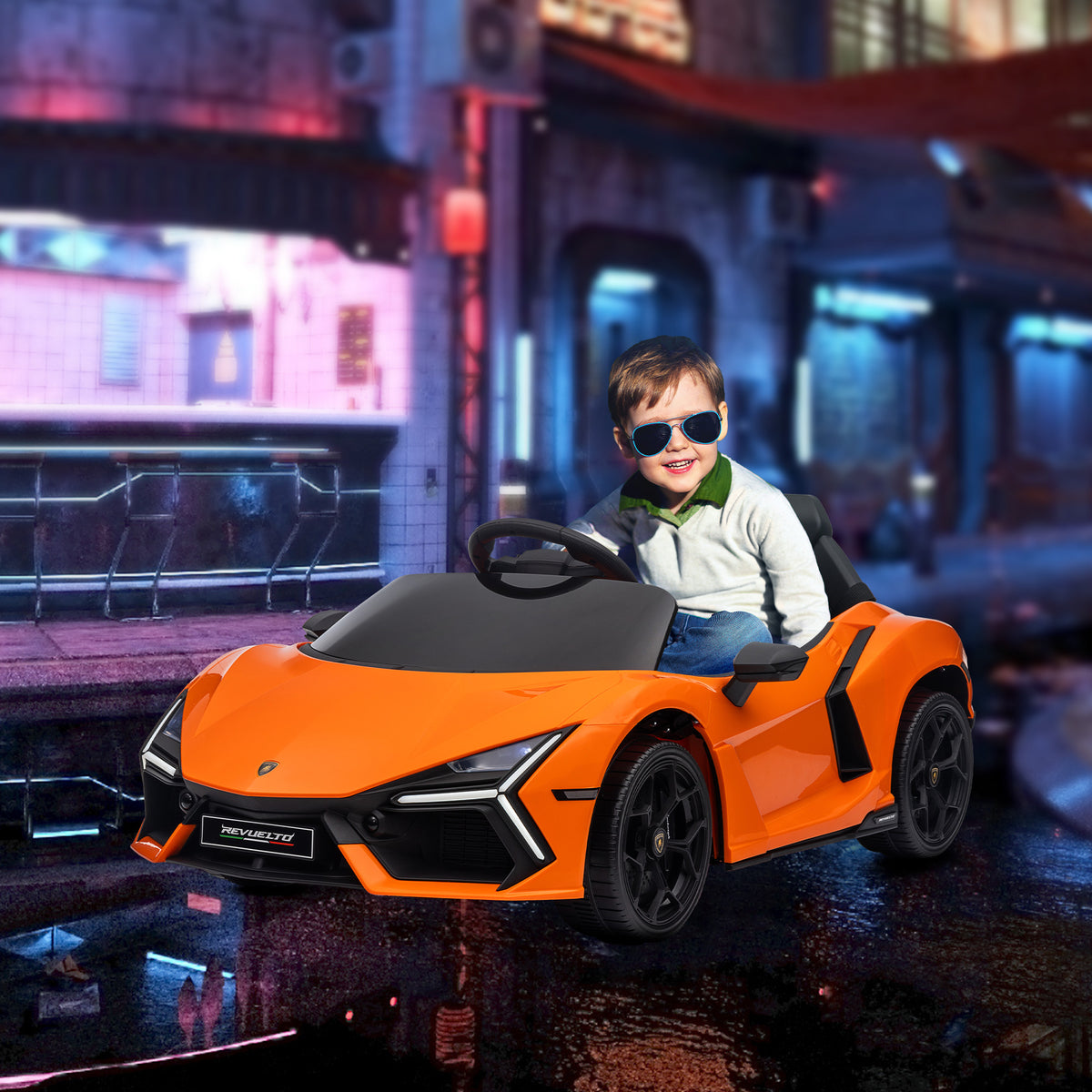 Elbil för barn Lamborghini Revuelto 12V – orange, LED-lampor, fjärrkontroll, säkerhetsbälte, 3–5 km/h