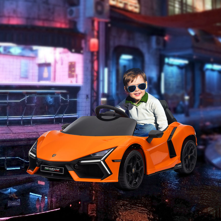 Elbil för barn Lamborghini Revuelto 12V – orange, LED-lampor, fjärrkontroll, säkerhetsbälte, 3–5 km/h