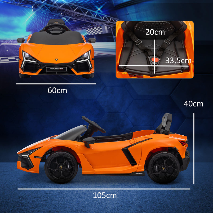 Elbil för barn Lamborghini Revuelto 12V – orange, LED-lampor, fjärrkontroll, säkerhetsbälte, 3–5 km/h