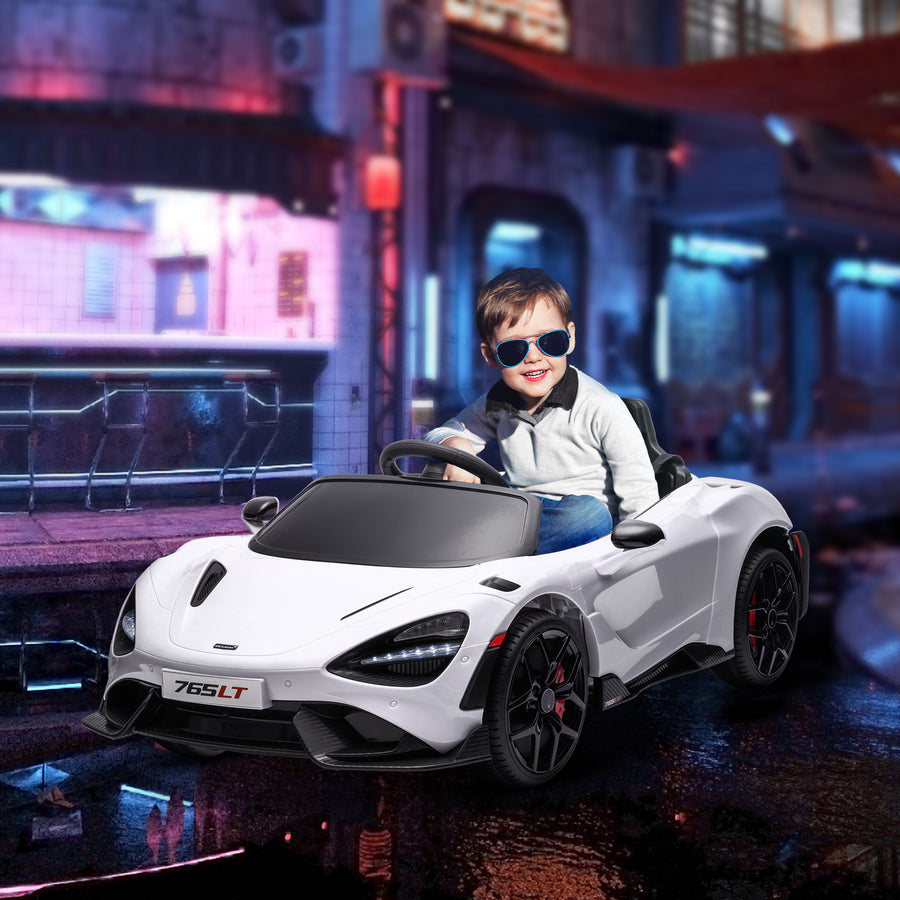 McLaren 765LT elbil för barn – licensierad sportbil med fjärrkontroll, LED-lampor och 60 minuters körtid (vit)