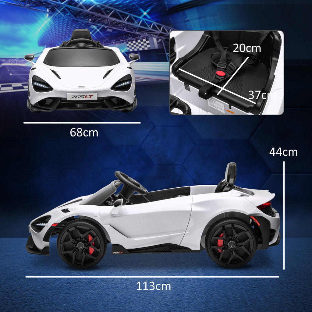 McLaren 765LT lasten sähköauto – lisensoitu urheiluauto kaukosäätimellä, LED-valoilla ja 60 min ajoajalla (valkoinen)