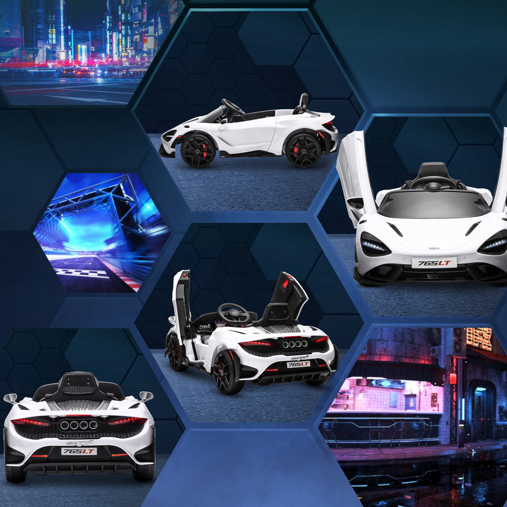 McLaren 765LT lasten sähköauto – lisensoitu urheiluauto kaukosäätimellä, LED-valoilla ja 60 min ajoajalla (valkoinen)