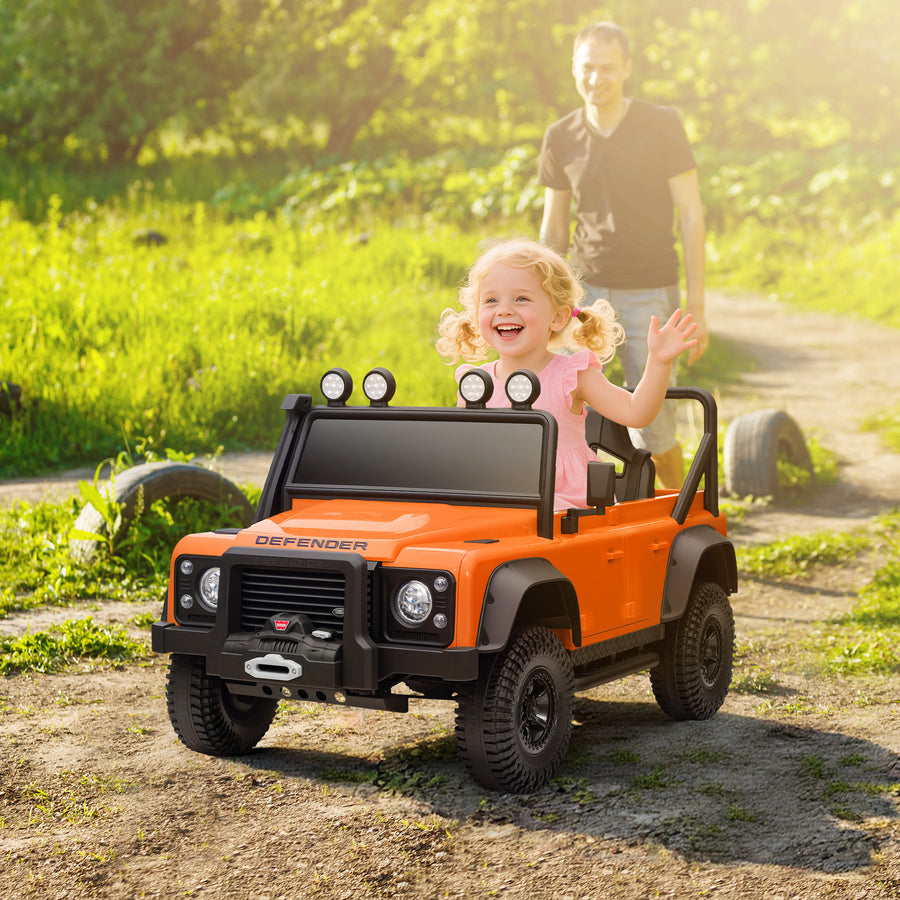 Land Rover Defender 110 SVX lasten sähköauto 12V akulla, kaukosäätimellä ja LED-valoilla, oranssi