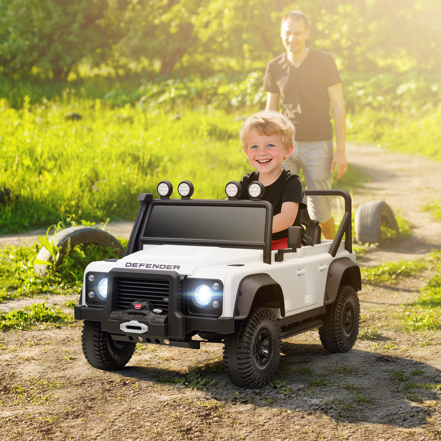 Land Rover Defender 110 SVX lasten sähköauto 12V akulla, kaukosäätimellä ja LED-valoilla, valkoinen