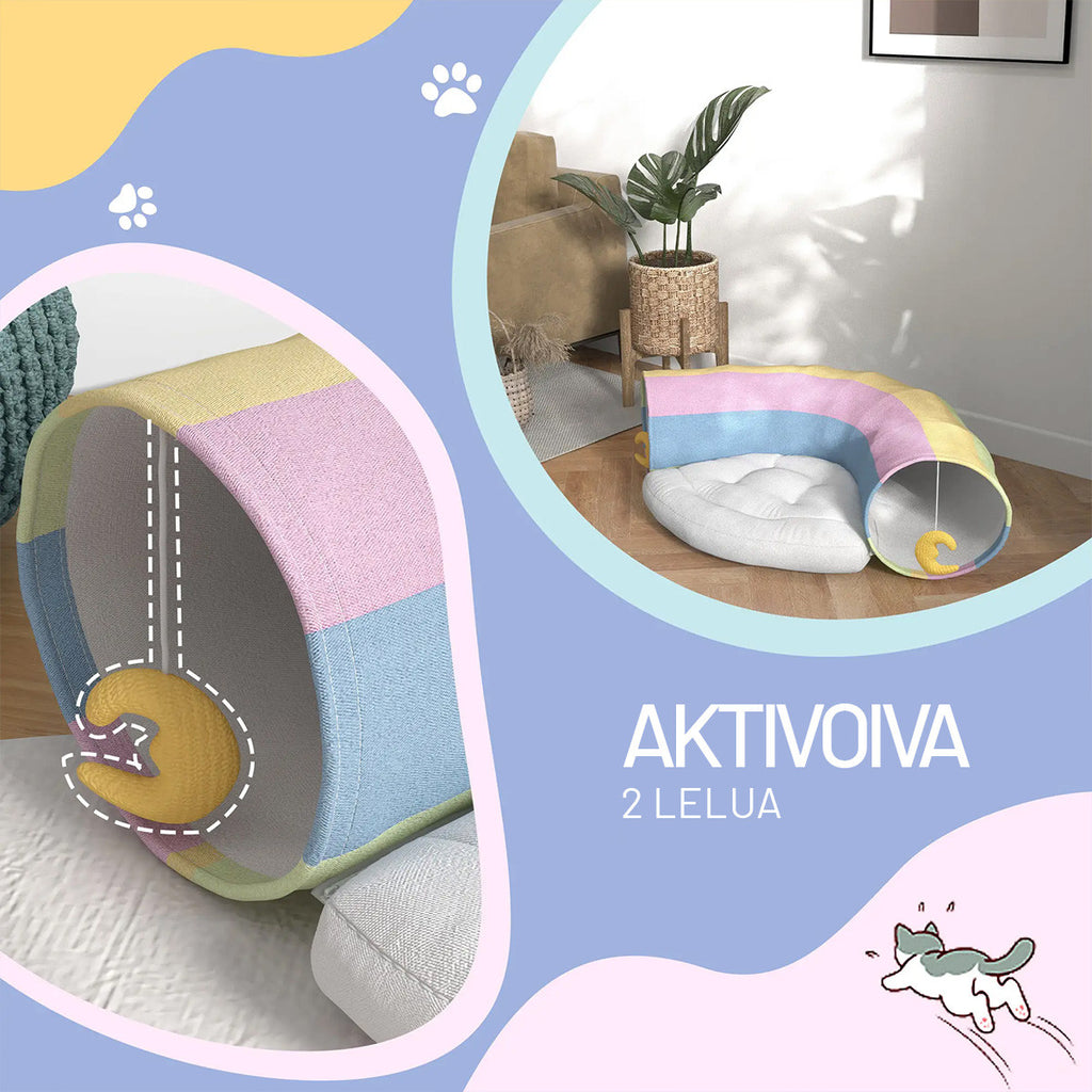 Monivärinen kissantunneli ja kissanpesä – pehmustettu alusta ja 2 lelua, taitettava rakenne