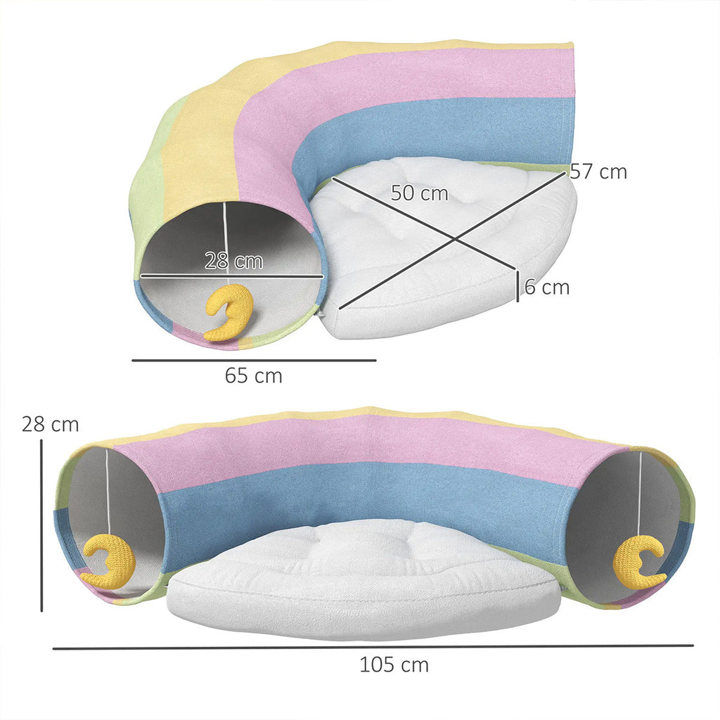 Monivärinen kissantunneli ja kissanpesä – pehmustettu alusta ja 2 lelua, taitettava rakenne